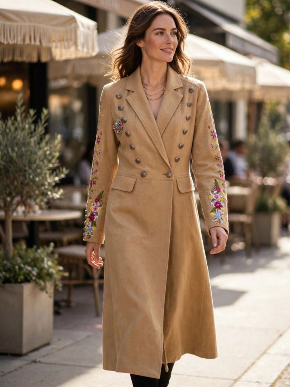 Aratta Silent Journey Tan Embroidered Floral Double Breasted Long Coat Size S